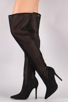Suede Pointy Toe Mesh Contrast OTK Stiletto Boots