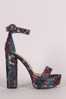 Bamboo Floral Brocade Ankle Strap Chunky Platform Heel