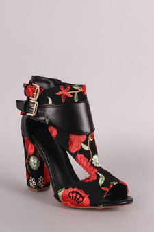 Embroidered Floral Cutout Peep Toe Chunky Heel