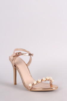 Shoe Republic LA Metallic Open Toe Faux Pearl Stiletto Heel