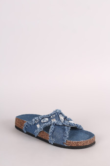 Jewel Embellished Crisscross Frayed Denim Cork Slide Sandal