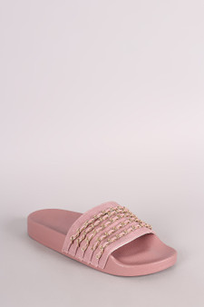 Nubuck Chain Embellished Open Toe Slide Sandal