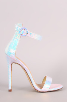 Liliana Holographic Snakeskin Ankle Strap Open Toe Stiletto Heel