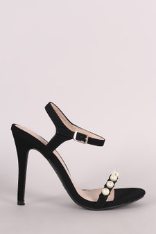 Shoe Republic LA Nubuck Open Toe Faux Pearl Stiletto Heel