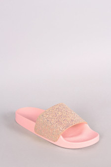 Qupid Encrusted Iridescent Glitter Open Toe Slide Sandal
