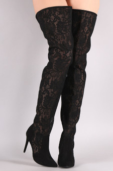 Suede Floral Lace Pointy Toe Stiletto Over-The-Knee Boots