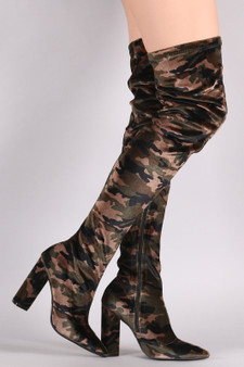 Qupid Velvet Camouflage Chunky Heeled Over-The-Knee Boots