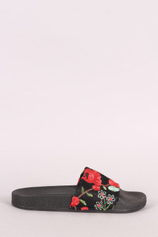 Qupid Floral Embroidery Slide Sandal