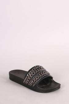 Chain Embellished Open Toe Slide Sandal