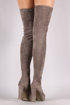 Bamboo Suede Almond Toe Chunky Heeled Over-The-Knee Boots