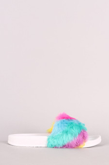 Rainbow Faux Fur Open Toe Slide Sandal