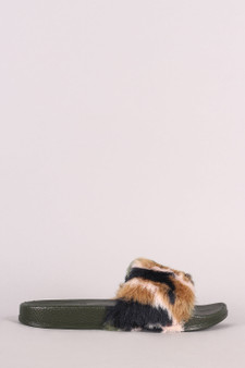 Camouflage Faux Fur Open Toe Slide Sandal