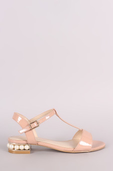 Bamboo Patent T-Strap Faux Pearl Heel Sandal