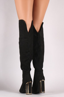 Bamboo Suede Pointy Toe Metallic Chunky Heeled Over-The-Knee Boots