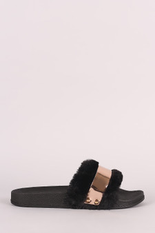 Bamboo Faux Fur Metallic Accent Open Toe Slide Sandal