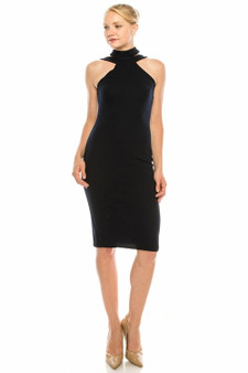 BeBe Navy Sleeveless Strappy Mock Neck Crepe Dress