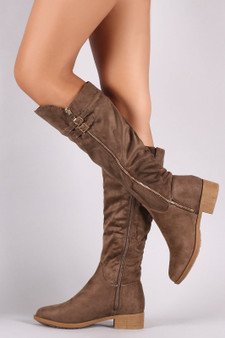 Suede Buckled Zipper Trim Riding Knee High Boots