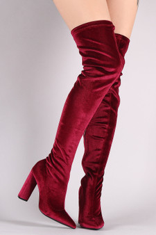 Qupid Velvet Pointy Toe Chunky Heeled Over-The-Knee Boots