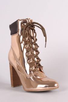 Wild Diva Lounge Patent Combat Lace-Up Chunky Heeled Ankle Boots