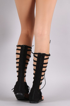 Suede Fringe Lace-Up Gladiator Flat Sandal