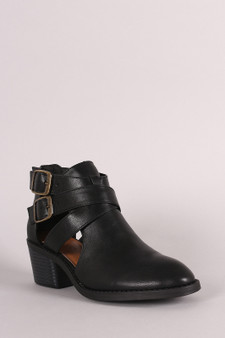 Bamboo Side Cut Out Strappy Block Heel Booties