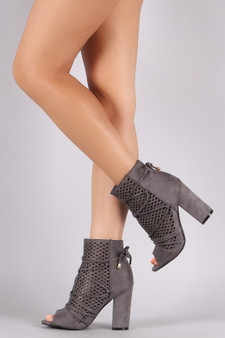 Perforated Suede Lace-Up Chunky Heeled Ankle Boots