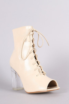 Peep Toe Lace Up Chunky Lucite Heeled Ankle Boots