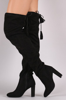 Suede Tassel Drawstring Chunky Heeled Over-The-Knee Boots