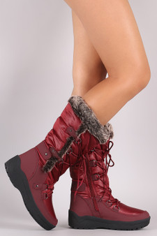 Faux Fur Cuff Lace Up Nylon Winter Boots