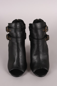 Bamboo Open Side Double Buckled Chunky Heeled Ankle Boots