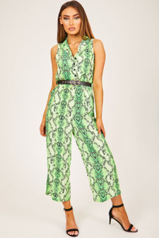 Green Button-Up Snake Print Jumpsuit