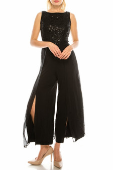 London Times Black Layered Jumpsuit with Sequined Lace Bodice