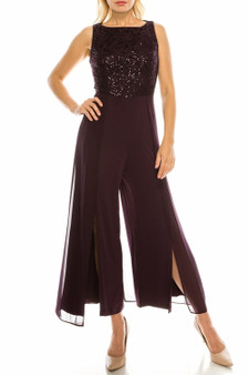 London Times Dark Eggplant Layered Jumpsuit with Sequined Lace Bodice