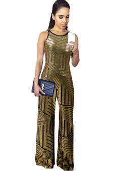 Gold Geometric Stripe Sleeveless Wide Leg Sequin Jumpsuit