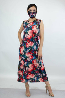 Bold Floral Print Long Dress and Matching Face Mask