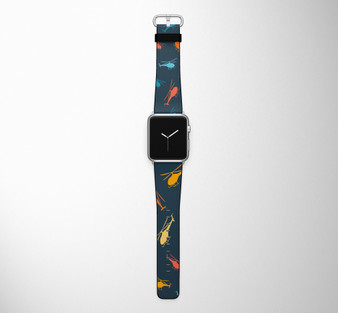 Seamless Colourful Helicopters Designed Leather Apple Watch Straps