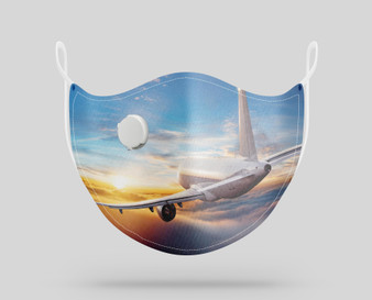 Airliner Jet Cruising over Clouds Designed Face Masks