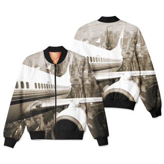 Departing Aircraft & City Scene behind Designed 3D Pilot Bomber Jackets