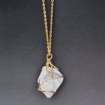 Natural Stone Rose Crystal Quartz Wire Wrapped Pendant Necklace