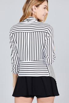 Shirring Sleeve Open Front W/label Striped Jacket