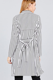 Long sleeve notched collar open front striped long jacket