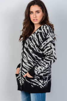 Ladies fashion white & black fuzzy button down cardigan