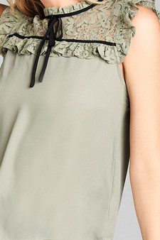 Ladies fashion ruffle sleeve lace yoke detail w/contrast self tie woven top