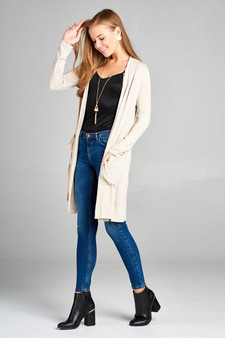 Ladies fashion long sleeve open front w/pocket long length rayon spandex cardigan