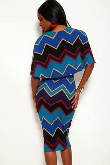 Chevron Print Midi Dress With Over The Shoulder Ruffle And V-neck