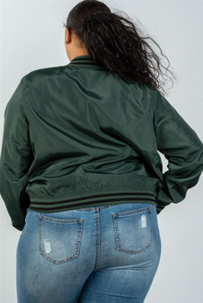 Ladies fashion plus size dark green patch bomber jacket