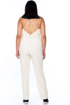 Ladies fashion plus size ivory thin straps v neck x cross back zipper  jumpsuit