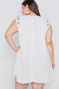 Plus Size Off White Floral Embroidery Mini Dress