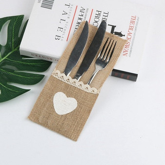 3pcs/set Tableware Cover Jute Burlap Heart Printed Fork Knife Cover Baby Shower Birthday Wedding Party Table Decoration Supplies