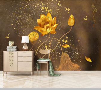 Papel de parede  Chinese style golden lotus 3d wallpaper mural,living room TV sofa wall bedroom kitchen wall papers home decor